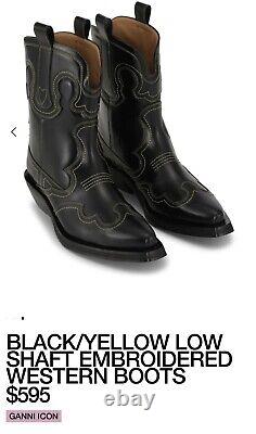 $595 Ganni Low Shaft Embroidered Western Boot Black Yellow Mid Calf Leather Sz 8