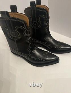 $595 Ganni Low Shaft Embroidered Western Boot Black Yellow Mid Calf Leather Sz 8