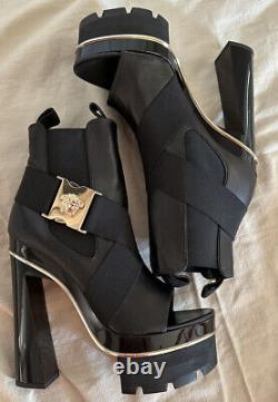 Auth Versace Gold Medusa Platform Black Leather Boots, 39.5, Italy