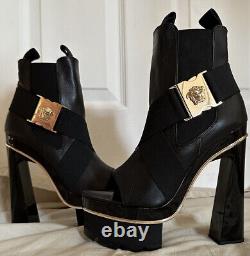 Auth Versace Gold Medusa Platform Black Leather Boots 39.5, Italy