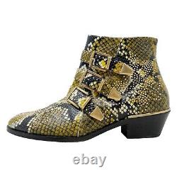 Chloe Boots Susanna Snake Print Black and Yellow Gold Studded Buckle Ankle Boots