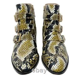 Chloe Boots Susanna Snake Print Black and Yellow Gold Studded Buckle Ankle Boots