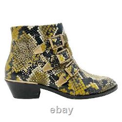 Chloe Boots Susanna Snake Print Black and Yellow Gold Studded Buckle Ankle Boots