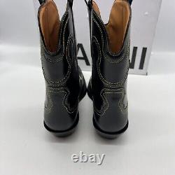 Ganni Low Shaft Embroidered Western Boot Black Yellow Mid Calf Leather Sz 8