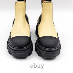 Ganni Women Cleated Chelsea Yellow Black Leather Platform Boots Size 7-7.5US EUR