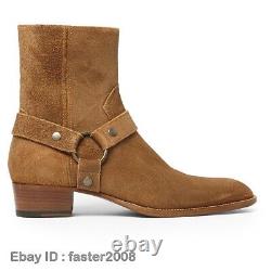 Men 100% Real Suede Leather Chelsea Ankle Boots Pointy Toe Low Heel Zipper Shoes