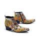 Men's Low Heel High Top Leather Print Pointed Toe Steel Toe Buckle Fashion Boots