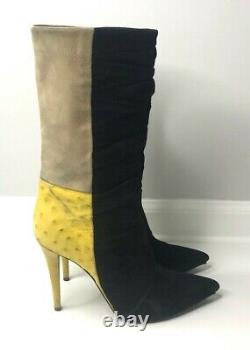 Narcisco Rodriguez Black Suede Yellow Ostrich Tan Suede Boots 38