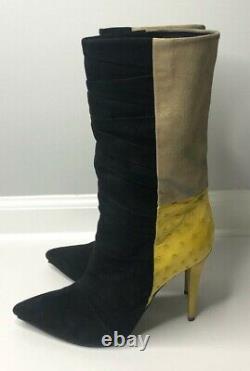 Narcisco Rodriguez Black Suede Yellow Ostrich Tan Suede Boots 38
