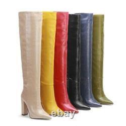 Size 34-44 Women's Pointy Toe Block Heel Pull On Pointy Toe Knee High Boots Sexy