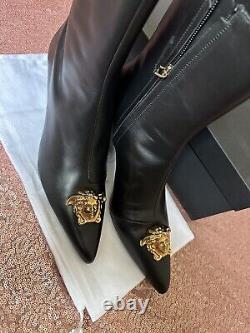 VERSACE Boots Women 10.5 Black. AUTHENTIC Vitello Leather Gold Medusa. 2.5 Inch