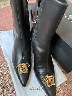 VERSACE Boots Women 10.5 Black. AUTHENTIC Vitello Leather Gold Medusa. 2.5 Inch