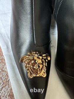 VERSACE Boots Women 10.5 Black. AUTHENTIC Vitello Leather Gold Medusa. 2.5 Inch