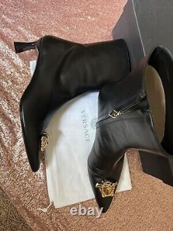 VERSACE Boots Women 10.5 Black. AUTHENTIC Vitello Leather Gold Medusa. 2.5 Inch