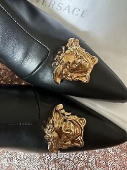 VERSACE Boots Women 10.5 Black. AUTHENTIC Vitello Leather Gold Medusa. 2.5 Inch