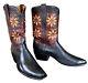 Vintage Leather Calfskin Boots 10 D Yellow Flower Daisy Inlays Black Burgundy