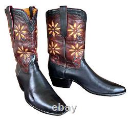 Vintage Leather Calfskin Boots 10 D Yellow Flower Daisy Inlays Black Burgundy