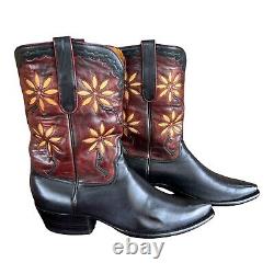 Vintage Leather Calfskin Boots 10 D Yellow Flower Daisy Inlays Black Burgundy