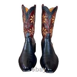 Vintage Leather Calfskin Boots 10 D Yellow Flower Daisy Inlays Black Burgundy