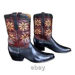 Vintage Leather Calfskin Boots 10 D Yellow Flower Daisy Inlays Black Burgundy