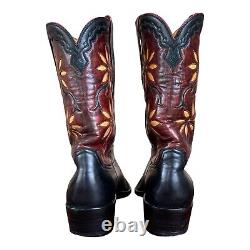 Vintage Leather Calfskin Boots 10 D Yellow Flower Daisy Inlays Black Burgundy