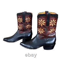 Vintage Leather Calfskin Boots 10 D Yellow Flower Daisy Inlays Black Burgundy