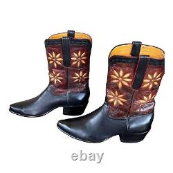 Vintage Leather Calfskin Boots 10 D Yellow Flower Daisy Inlays Black Burgundy