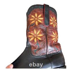 Vintage Leather Calfskin Boots 10 D Yellow Flower Daisy Inlays Black Burgundy