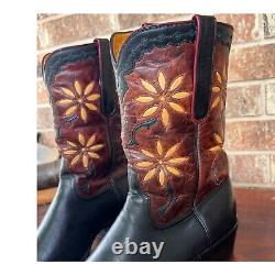 Vintage Leather Calfskin Boots 10 D Yellow Flower Daisy Inlays Black Burgundy