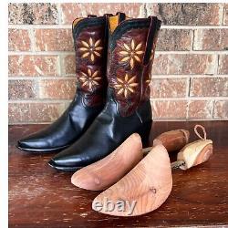 Vintage Leather Calfskin Boots 10 D Yellow Flower Daisy Inlays Black Burgundy