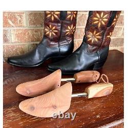 Vintage Leather Calfskin Boots 10 D Yellow Flower Daisy Inlays Black Burgundy