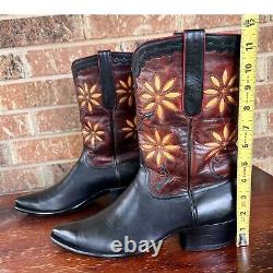 Vintage Leather Calfskin Boots 10 D Yellow Flower Daisy Inlays Black Burgundy