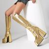 Western Women Knee High Boots Block High Heel Zipper Platform Shoes Boots 4-9