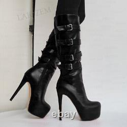 Women Knee High Boots Platform Full Zipper Thin Heels Boots Buckle Straps Shoes