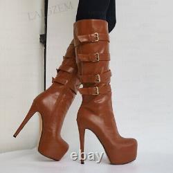 Women Knee High Boots Platform Full Zipper Thin Heels Boots Buckle Straps Shoes