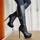 Women Knee High Platform Boot Stiletto Heel Side Zip Up Faux Leather Party Shoes