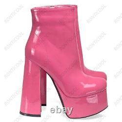 Women Platform Ankle Boots Unisex Chunky Heels Round Toe Yellow Pink Party Shoes