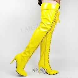 Women Thigh High Boots Shiny Lace Up Side Zip Stiletto Heels Over Knee Big Size