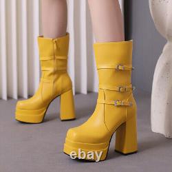 Women's Buckle Chunky Heel Boots Square Toe Platform Western Punk Boots34-50