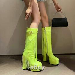 Womens High Platform Block Heels Side Zip Tassels Square Toe Knee High Boots