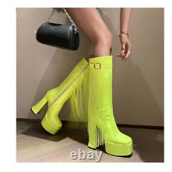 Womens High Platform Block Heels Side Zip Tassels Square Toe Knee High Boots