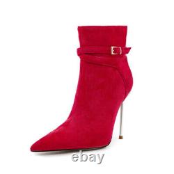 Womens PU Leather Pointed Toe High Heels Buckle Straps Side Zip Sexy Ankle Boots