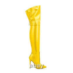 Womens PU Leather Pointed Toe High Heels Side Zip Casual Over The Knee Boots