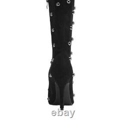 Womens PU Leather Pointed Toe Side Zip High Heels Rivert Decor Knee High Boots