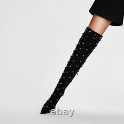 Womens PU Leather Pointed Toe Side Zip High Heels Rivert Decor Knee High Boots