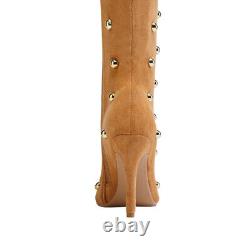 Womens PU Leather Pointed Toe Side Zip High Heels Rivert Decor Knee High Boots