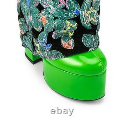 Womens PU Leather Round Toe Block Heels Flower Embroidery Casual Knee High Boots