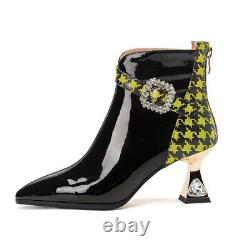 Womens Patent Leather Pointed Toe Mid Heels Rhinestone Buckle Back Zip Boots