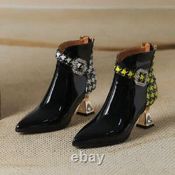Womens Patent Leather Pointed Toe Mid Heels Rhinestone Buckle Back Zip Boots